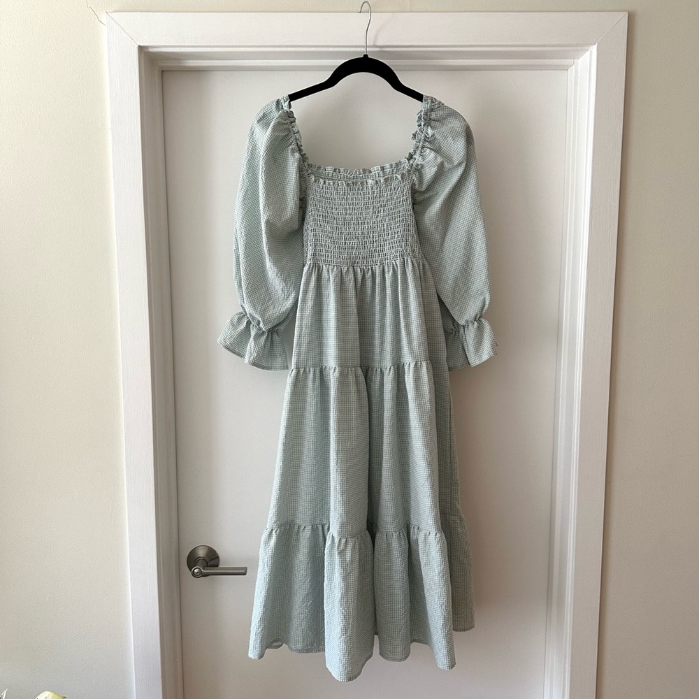 sage gingham smock midi dress
